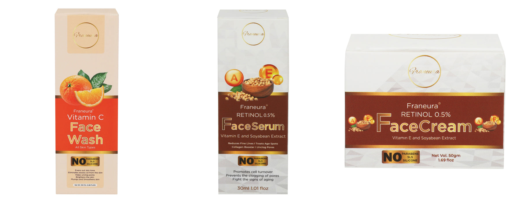 Franeura's Complete Skin Transformation: Natural Face Wash, Retinol Face Cream, and Serum Trio