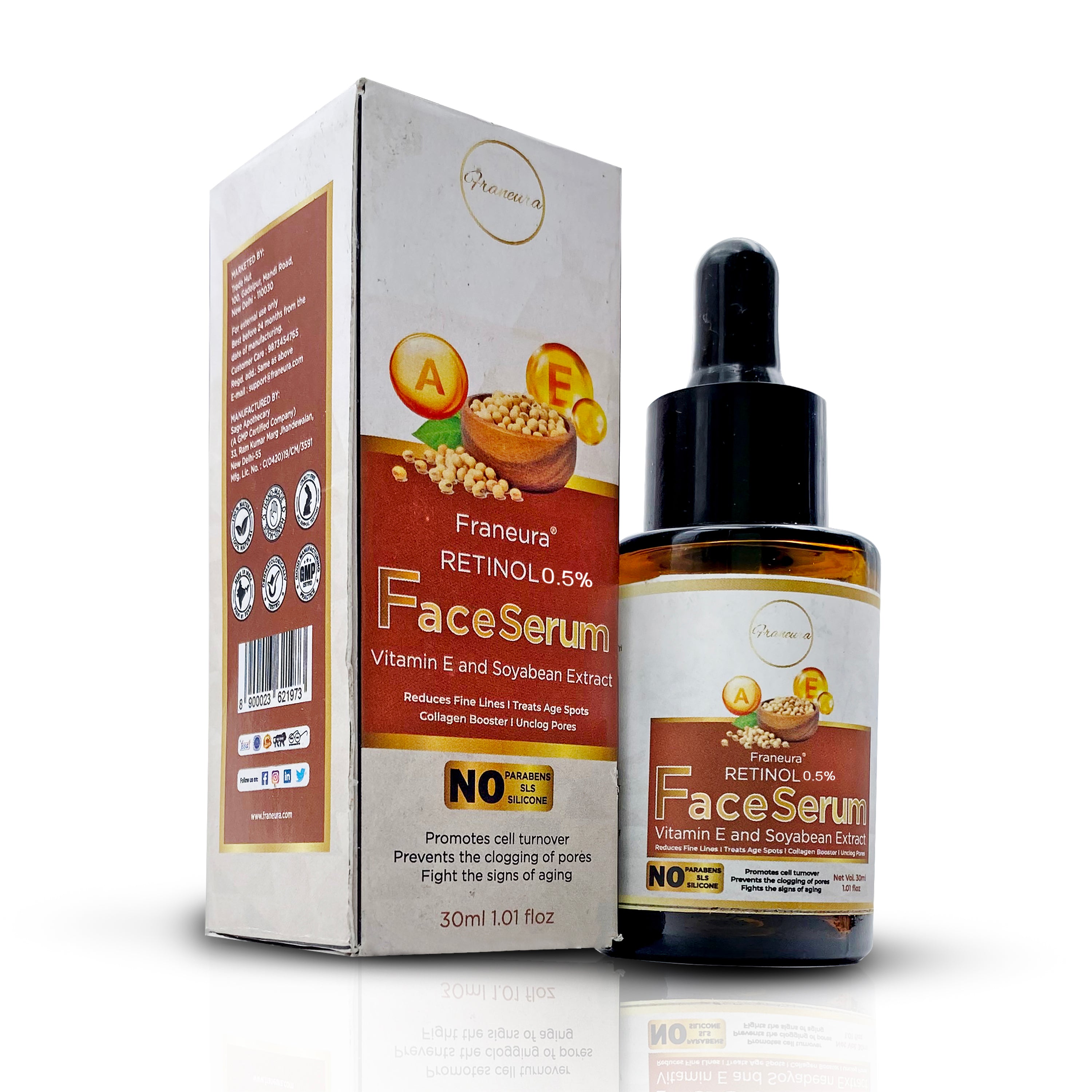 A dropper bottle of Franeura Retinol Anti-Aging Face Serum on a white background, the bottle is transparent with a white label and a black cap on top of the dropper