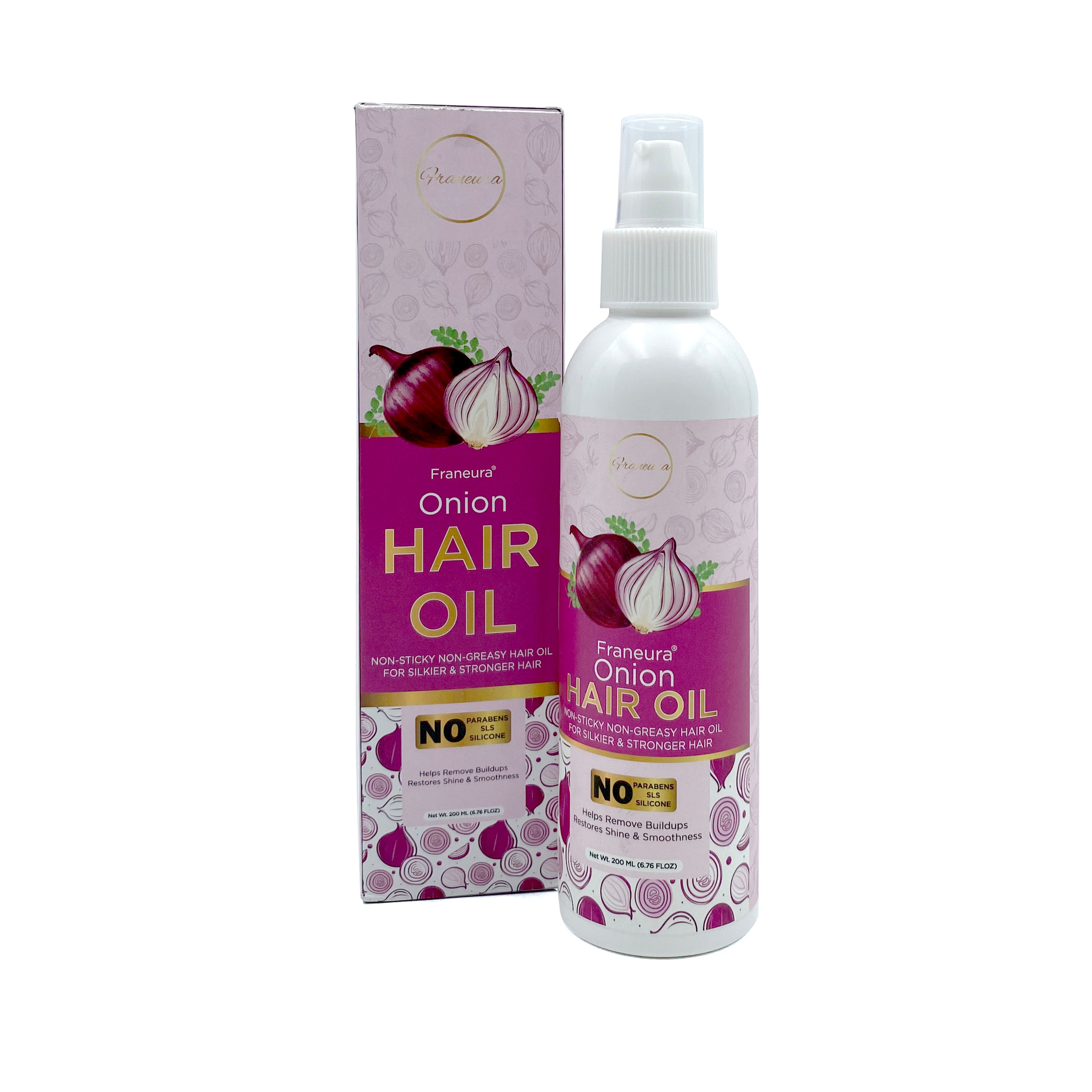 A bottle of Natural Onion Hair Oil on a white background, the bottle is transparent with a brown label and a dropper cap on top. The oil is made with natural ingredients and helps to promote hair growth, prevent hair loss, and improve overall hair health.