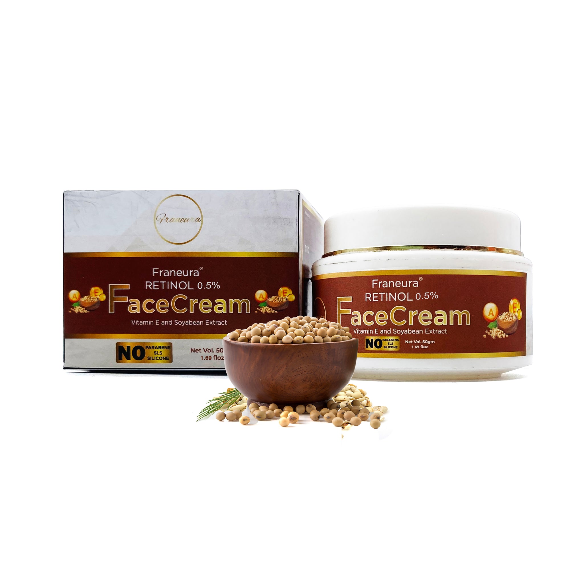 A white jar of Retinol Anti-Aging Night Cream on a white background, the jar has a white lid and a label with the name of the product. The cream is formulated with Retinol, a powerful anti-aging ingredient that helps to reduce the appearance of fine lines and wrinkles, improve skin tone and texture, and boost collagen production. Suitable for all skin types and safe for daily use.