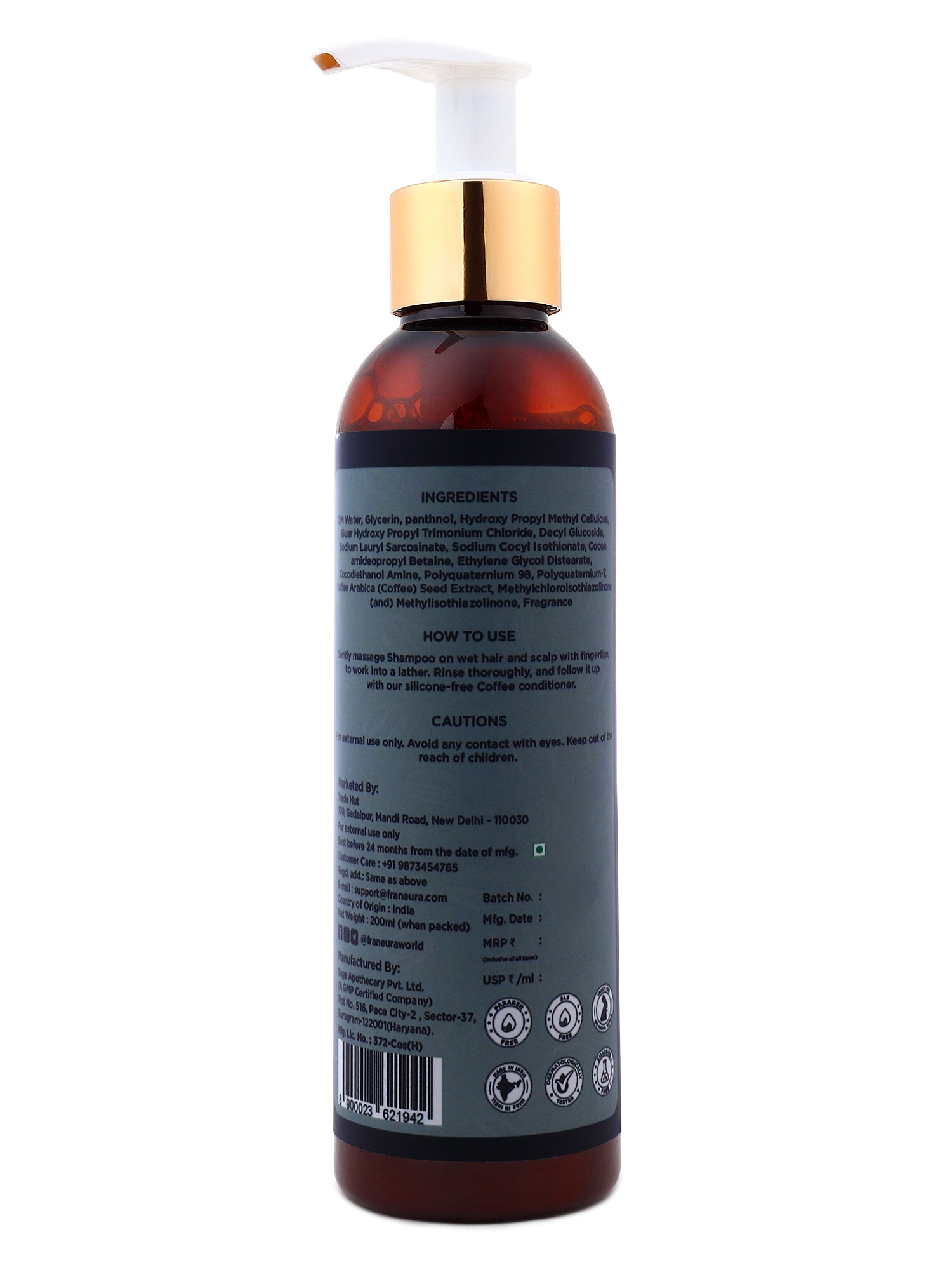 Franeura Daily Use Natural Coffee Shampoo - Revitalize and Strengthen Hair - Promotes Growth and Shine ( 200ml )