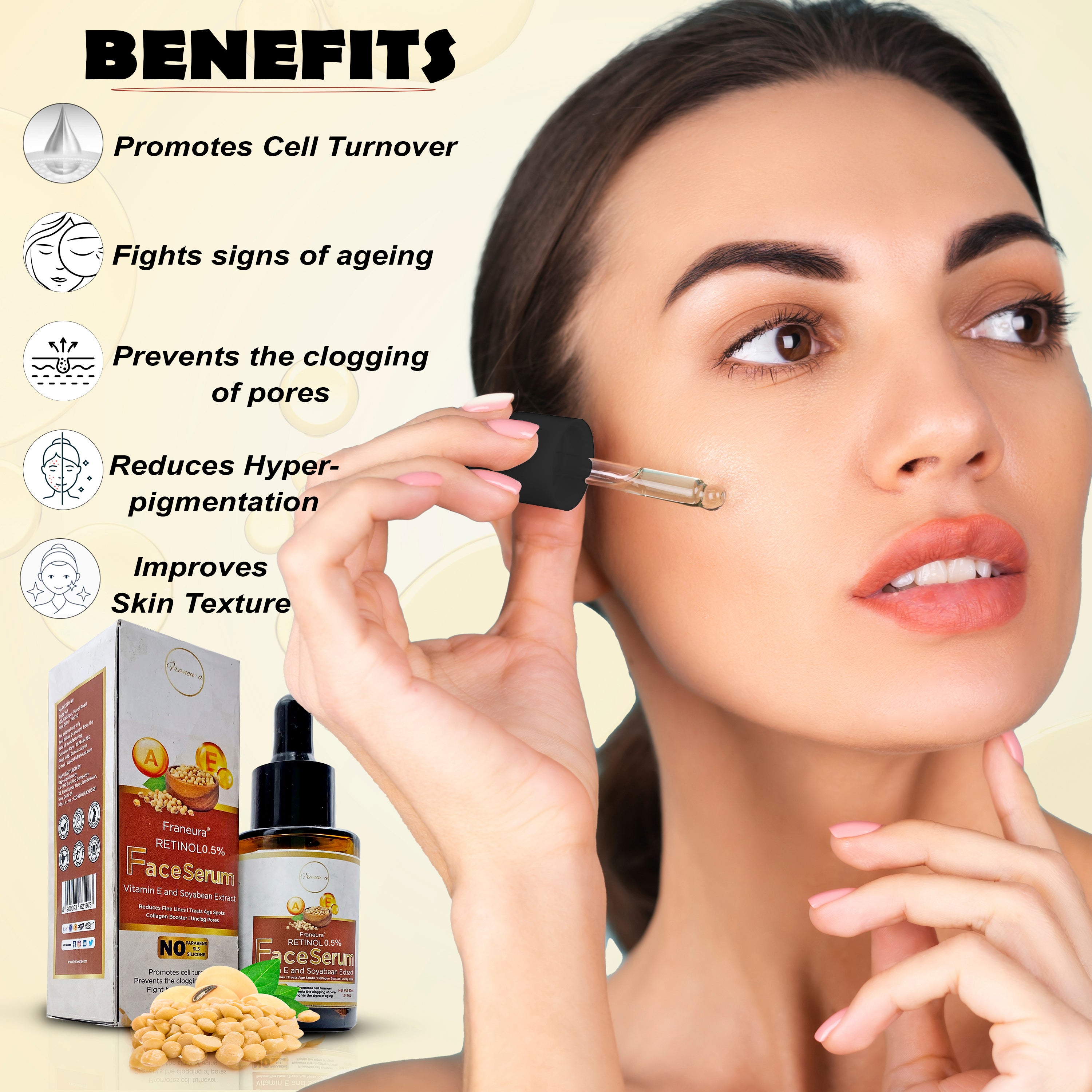 Franeura Retinol Anti-Aging Face Serum to Reduce Fine Lines & Wrinkles , Even Skin Tone & Texture ( 30 ml )