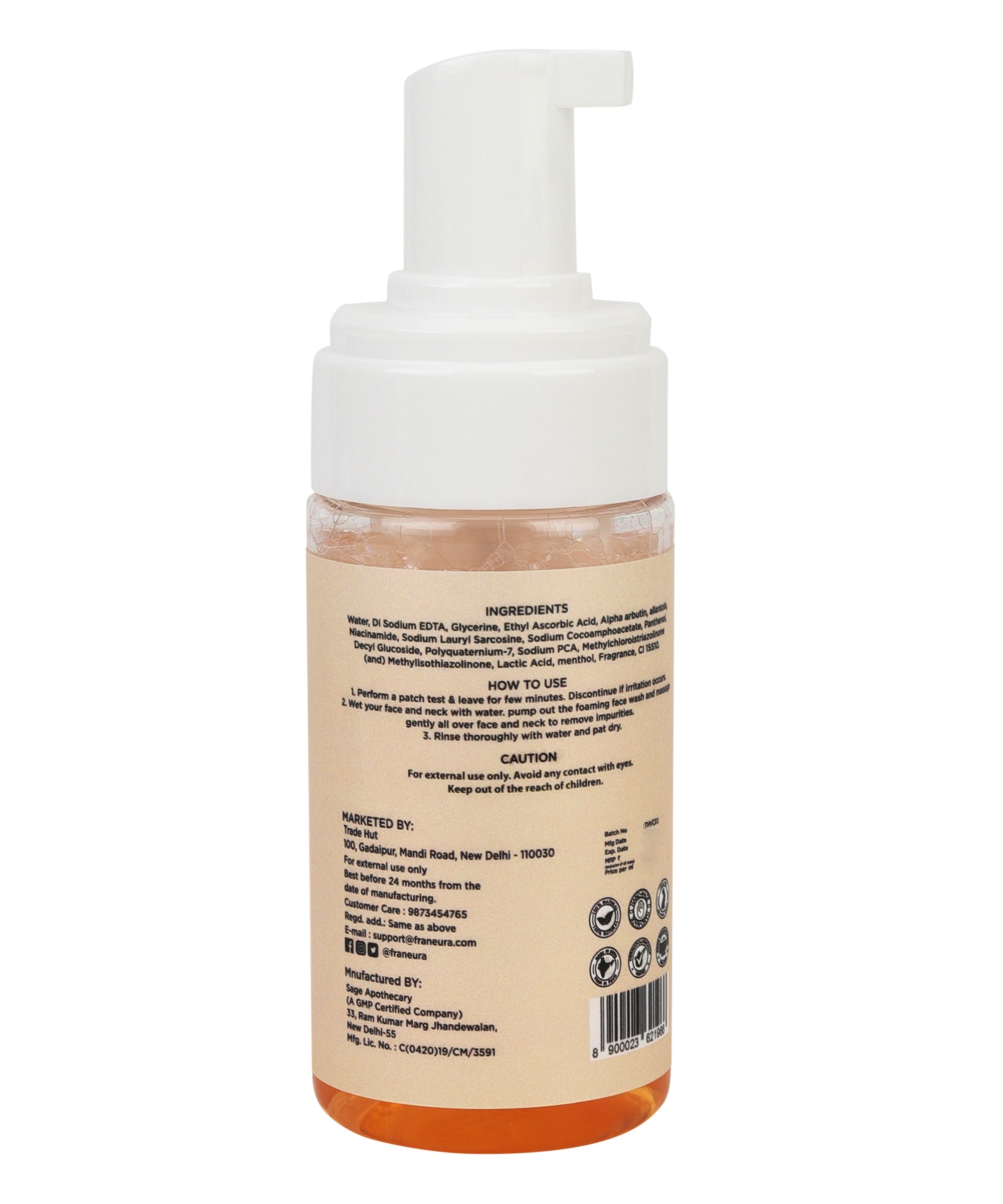 Franeura Vitamin C Foaming Face Wash - Brighten & Even Skin Tone - Remove dirt and impurities ( 100 ml )