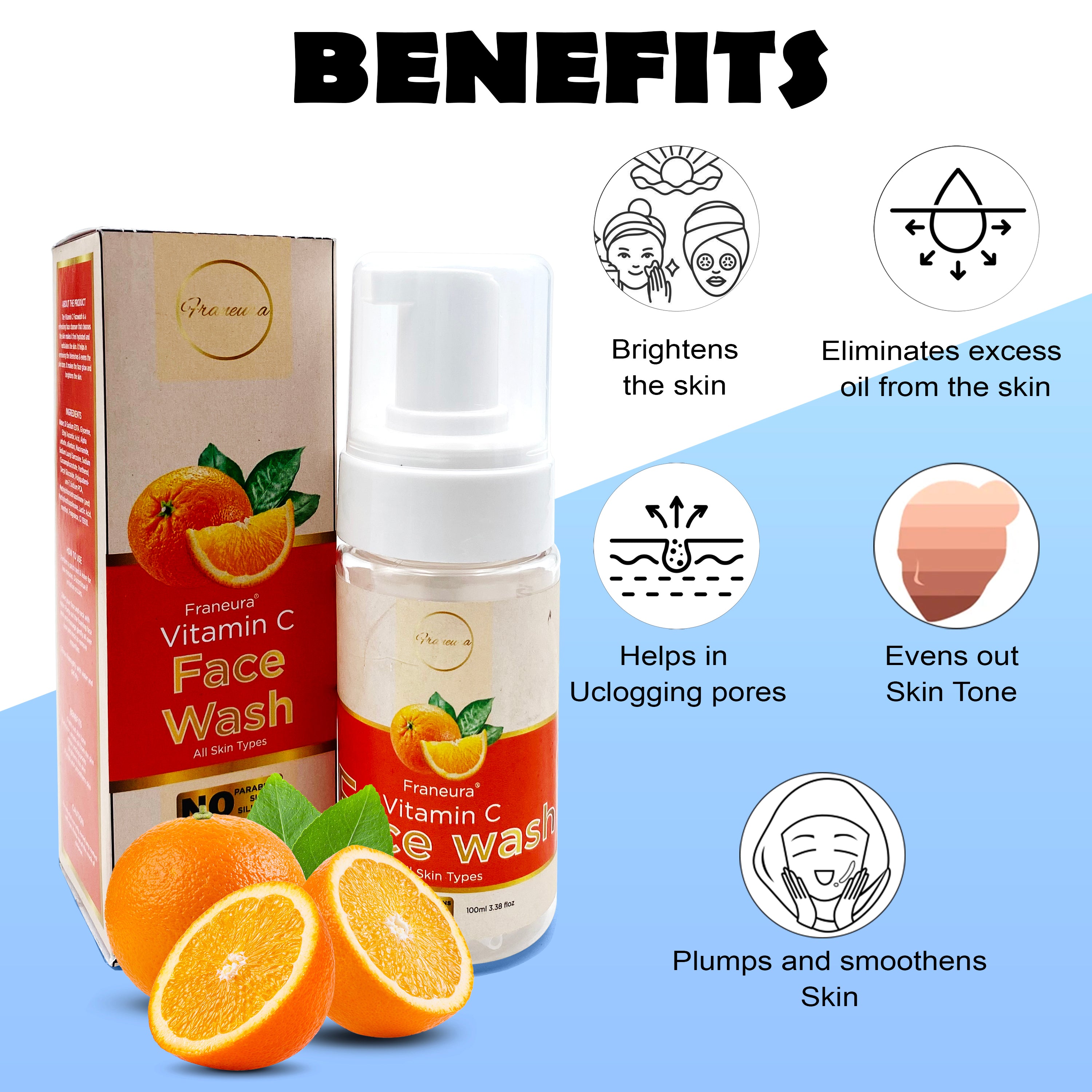 Franeura Vitamin C Foaming Face Wash - Brighten & Even Skin Tone - Remove dirt and impurities ( 100 ml )