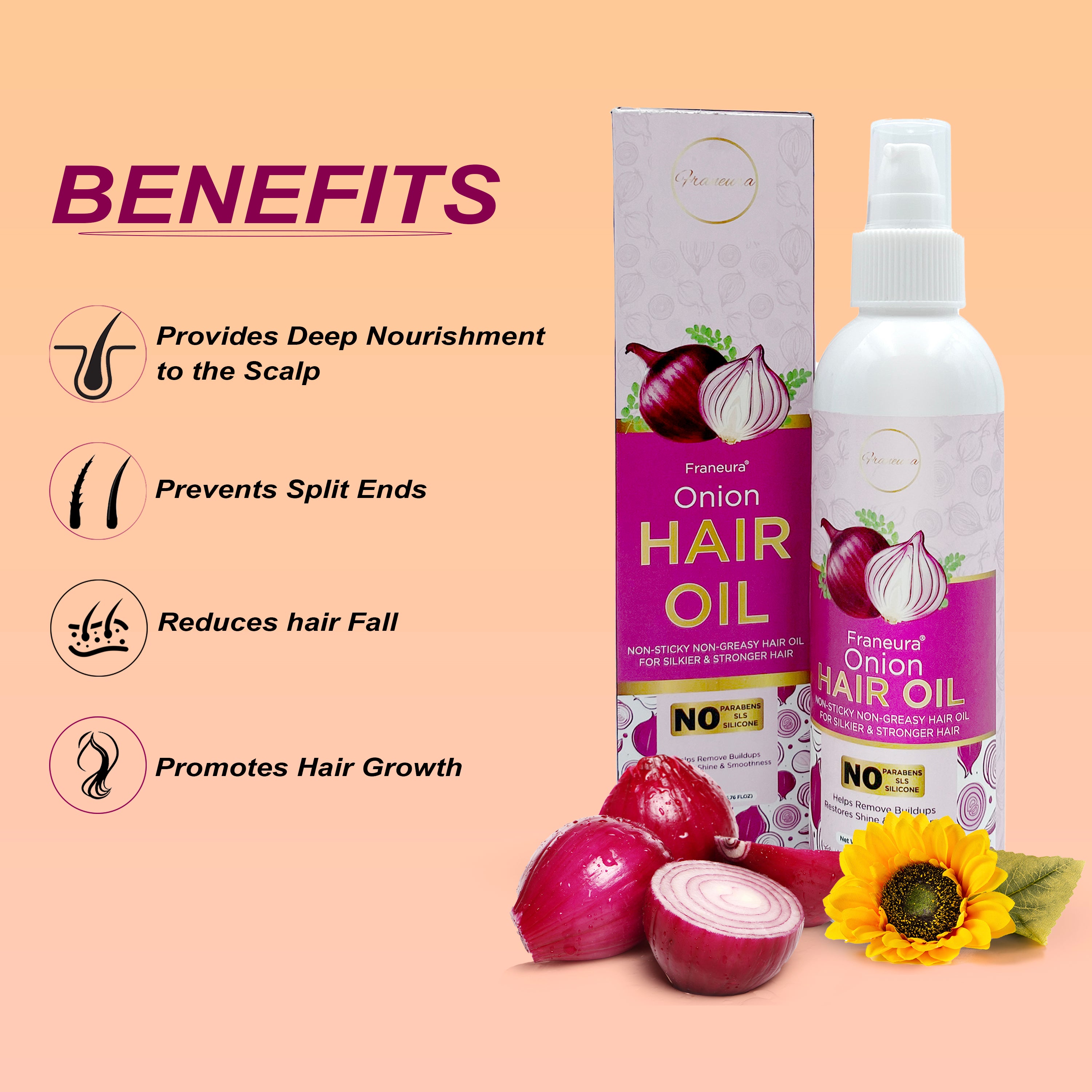 Franeura Natural Onion Oil for Stronger, Healthier Hair - Promotes Hair Growth & Prevents Hair Loss ( 200 ml )