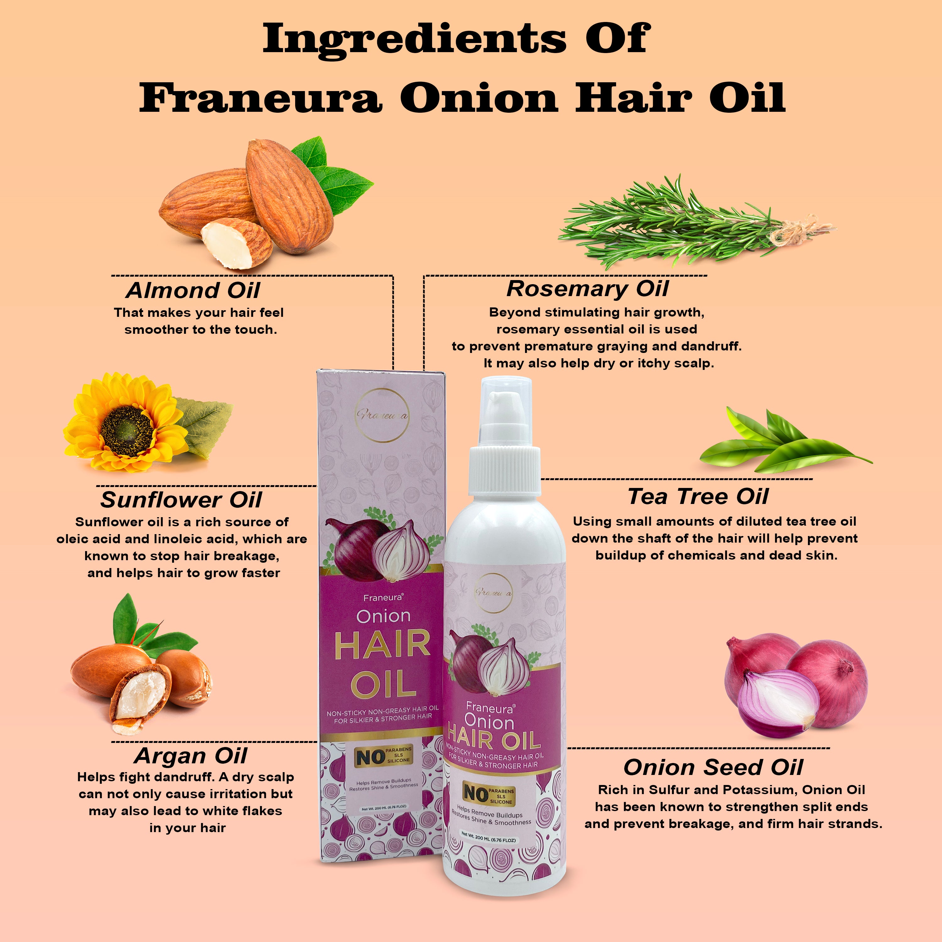 Franeura Natural Onion Oil for Stronger, Healthier Hair - Promotes Hair Growth & Prevents Hair Loss ( 200 ml )